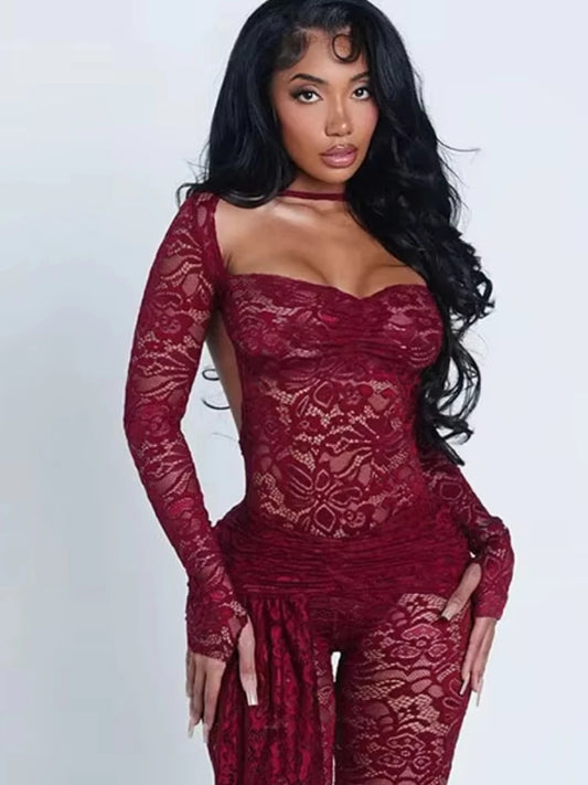 Sexy 2Piece Set Woman Patchwork Jacquard Low-Neck Backless Full Sleeve Bodysuits+Ruched Ribbon Long Pants Fashion Outfits