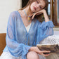 Women's Sheer Shimmer Knit Cardigan with Flared Cuffs, Thin Open Front Blue Shrug for Sun Protection, Holiday Crop Top