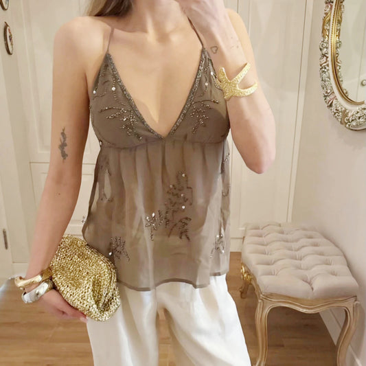 Bead Studded Women Halter Top Sequin Straps Large Backless Lace Up Sexy V-Neck Vest Suspender Mesh Micro Tank