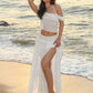 Jacquard Patchwork 2-Piece Set Women Lace Bandage Crop Tops+High Slits Skinny Skirt Beach Vacation Matching Clubwear