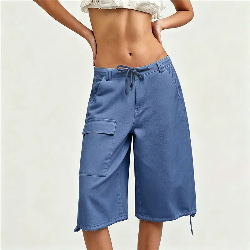 Y2K Vintage White Cargo Capri Jeans Women Loose Wide Leg Drawstring Waist Streetwear Hip Hop Casual Cropped Denim Pants