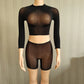 Wild See Through 2 Piece Set Women Sexy Turtleneck Full Sleeve Crop T-Shirt+Bike Shorts Midnight Street Club Suits