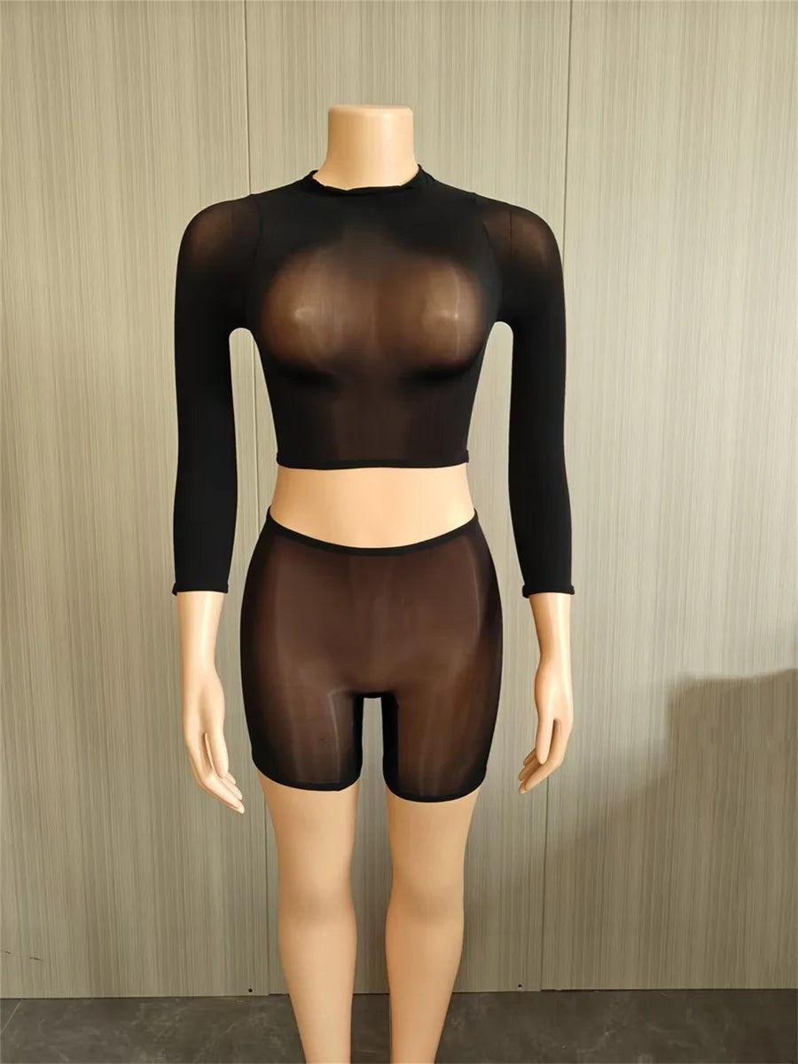 Wild See Through 2 Piece Set Women Sexy Turtleneck Full Sleeve Crop T-Shirt+Bike Shorts Midnight Street Club Suits