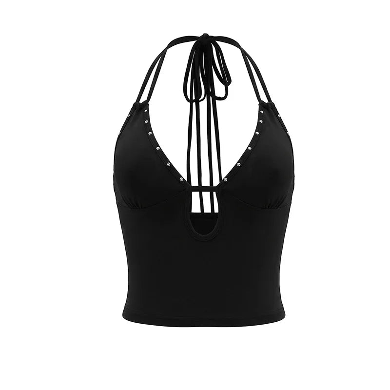 Black Studded Keyhole Halterneck Top Sexy Tanks Camis for Woman Clothes 2026 Summer Crop Tops