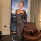 Sexy Black Lace Maxi Dresses Elegant Woman for Party Dress Suits Long Sleeve Cardigan 2 Piece Set