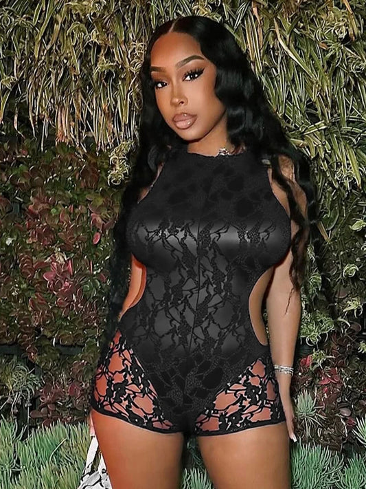 Lace Patchwork Playsuits Women o-Neck Sexy Backless Sleeveless Skinny Peach Hip Hottie Midnight Club Party Romper