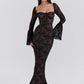 Lace Print Long Flare Sleeve Sexy Maxi Dress For Women Fashion Square Collar Backless Bodycon Club Party Sexy Dress