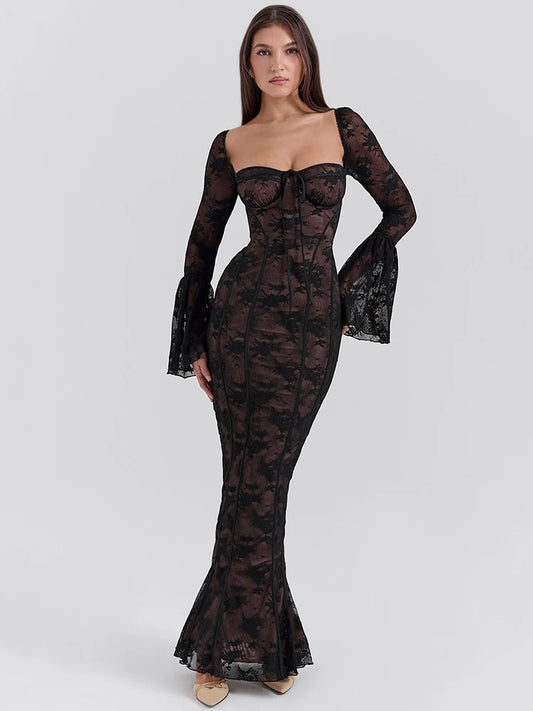 Lace Print Long Flare Sleeve Sexy Maxi Dress For Women Fashion Square Collar Backless Bodycon Club Party Sexy Dress