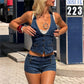 Women Y2K Retro Denim 2 Piece Outfit Halter Neck Crop Top + Low Waist Shorts Set Casual Summer Streetwear Matching Set