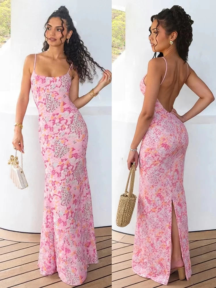 Y2K Sexy Dress Women Floral Print Backless Slit Skinny Elegant Summer Trend Party Banquet Vacation Festival Vestidos