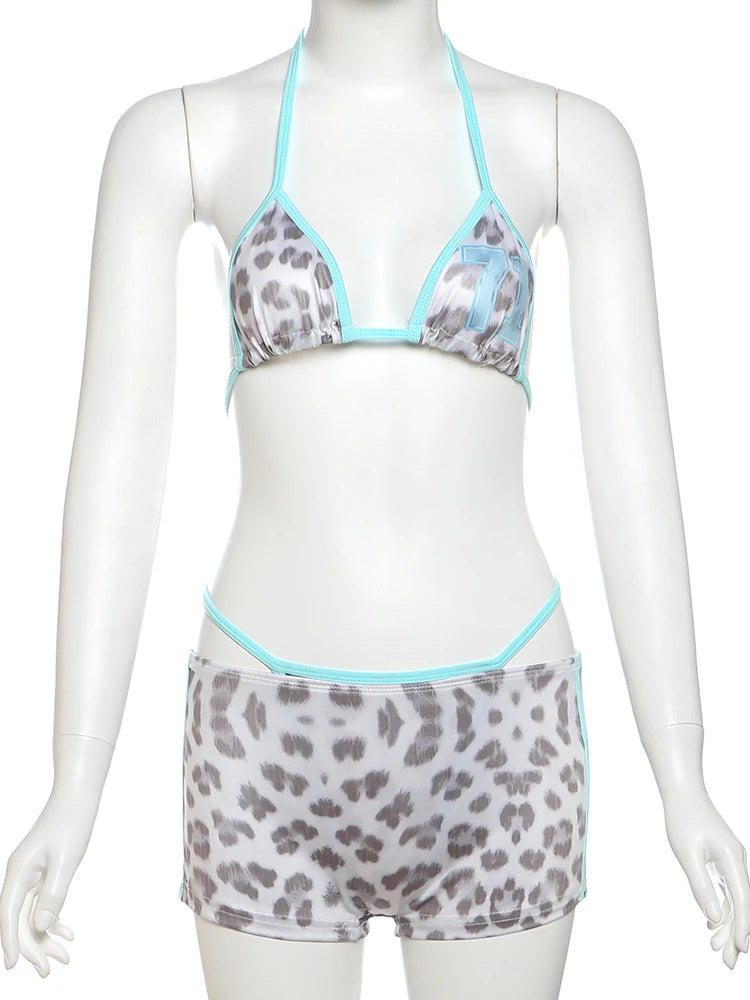 Leopard Print Sexy 3 Piece Set Women Beach Vacation Halter Bra+Panties+Shorts Summer Midnight Matching Party Clubwear