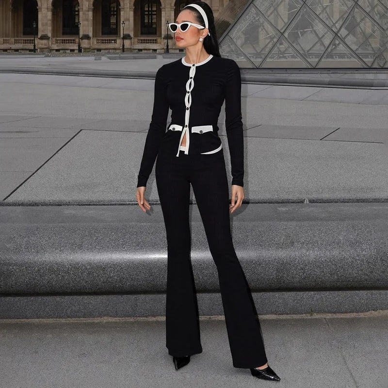Black Knit 2 Piece Set Long Sleeve Cardigan and Flare Pants Matching Sets Elegant Fall Outfits Woman 2025
