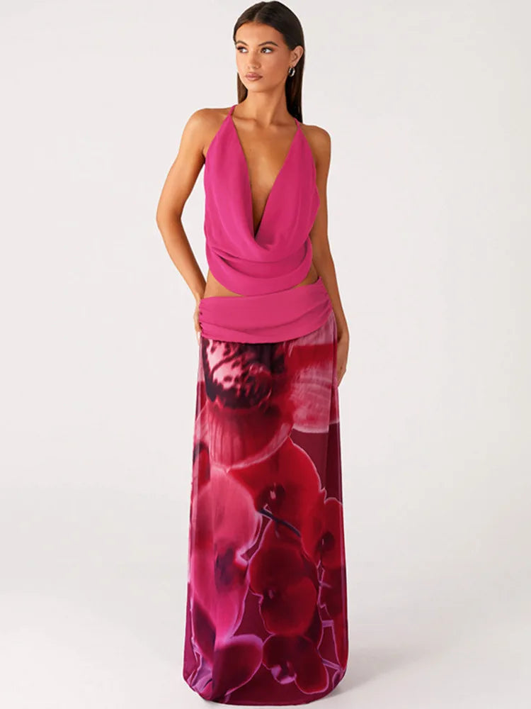 Mesh Print Sexy Dress Set Women Deep V Neck Tank Tops And Maxi Skirt Matching Sets Female Elegant Club Two Piece Set