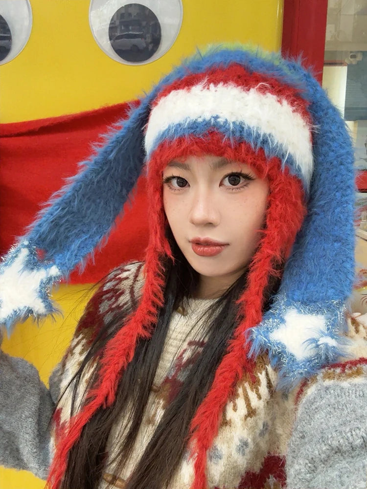Y2K Cute Color Block Striped Bunny Ear Braid Knit Beanie For Women