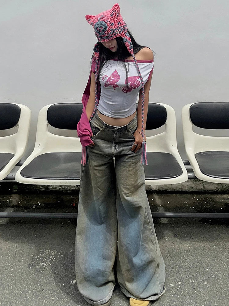 Sexy Slash Neck Crop Top Women Wild Y2K Irregular Patchwork Print Short Sleeve Music Festival Simple Clubwear T-Shirt