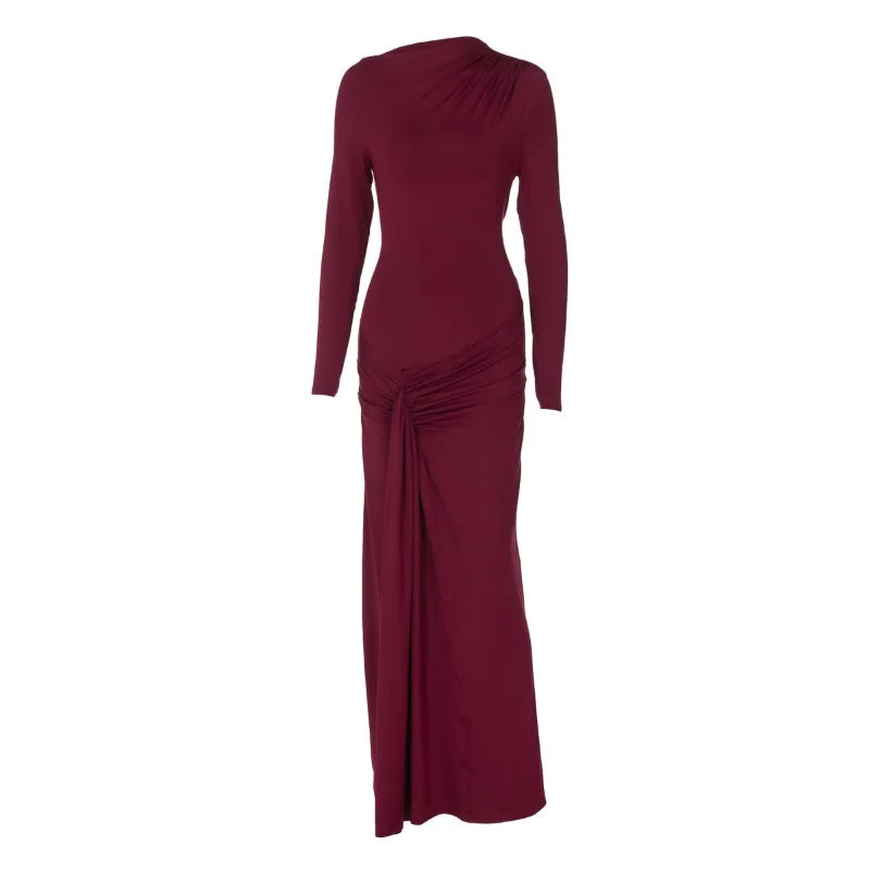 Long Sleeve Ruched Maxi Dress Solid Color Elegant Dresses for Woman Party Outfits Autumn 2025