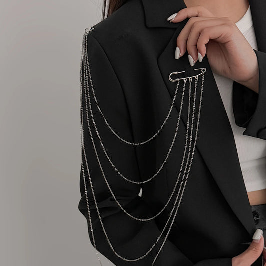 Creative Silver Color Metal Tassel Chain Brooches for Women Vintage Multi Layer Suit Pants Pins Clip Jewelry Accessory
