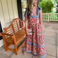 Women Summer Boho Maxi Dress Vintage Floral Tie Shoulder Flowy Long Dress Square Neck Ruffle Tiered Beach Sundress