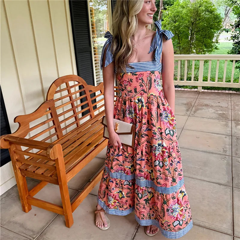 Women Summer Boho Maxi Dress Vintage Floral Tie Shoulder Flowy Long Dress Square Neck Ruffle Tiered Beach Sundress