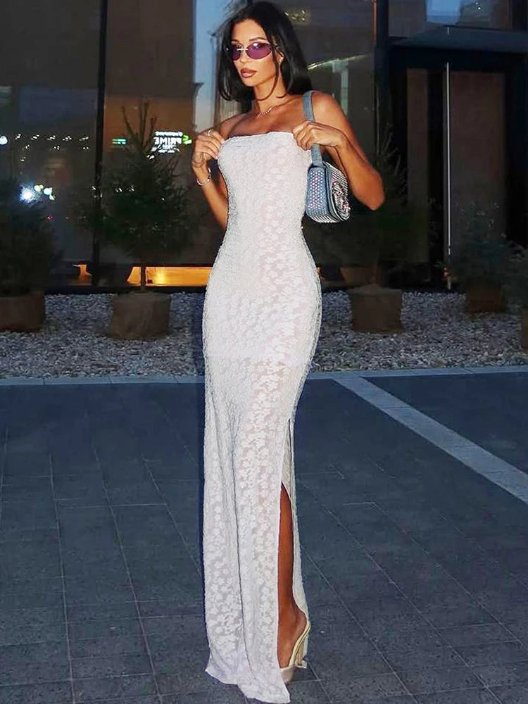 Wedding Side Slit Maxi Dress Women Y2K Strapless Sleeveless Jacquard Skinny Dinner Banquet Party Vacation Vestidos
