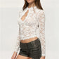 Women Y2K Mock Neck Keyhole Cutout Sheer Lace Crop Top Long Sleeve Floral Scallop Edge Slim See Through Gothic Blouse