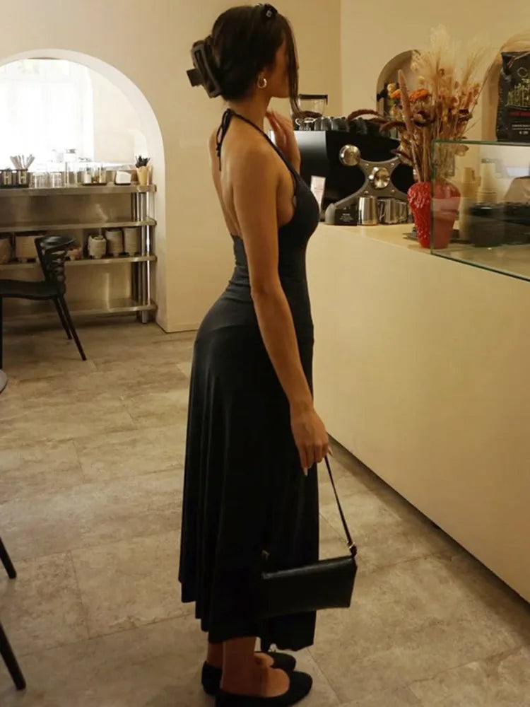 Halter Deep V Neck Sexy Midi Dress Women Elegant Black Sleeveless Backless Ruched Flared Hem Club Party Long Dresses