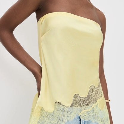 Women Satin Tube Top Y2k Silk Strapless Crop Top Flowy Lace Trim Bandeau Tops Loose Backless Going Out Layering Shirt