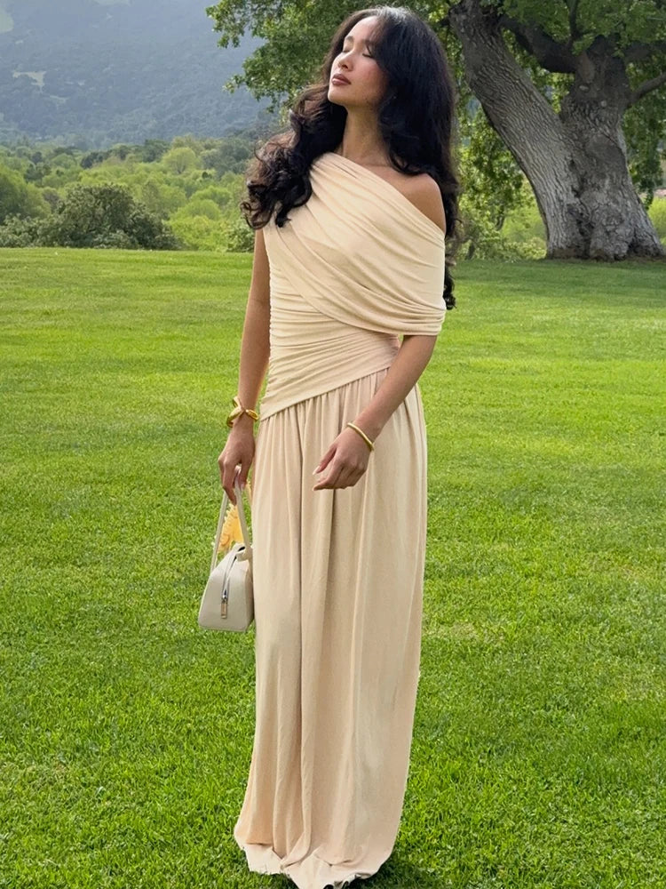 Inclined Shoulder Dress Women Y2K Sexy Irregular Patchwork Ruched Stretch Summer Elegant Classic Vestidos Clubwear