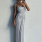 Sliver Spaghetti Strap Sexy Maxi Dress For Women Fashion Sparkle Sleeveless Backless Ruched Beach Club Sexy Long Dress