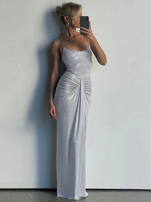 Sliver Spaghetti Strap Sexy Maxi Dress For Women Fashion Sparkle Sleeveless Backless Ruched Beach Club Sexy Long Dress