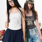 Lace Trim Letter Print Tank Top, Slim Square Neck Camisole, Casual Y2K Sleeveless Crop Top for Women