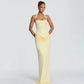 Halter Backless Ruched Maxi Dress Evening Gown Brown Classy Dresses for Woman Elegant Wedding Guest