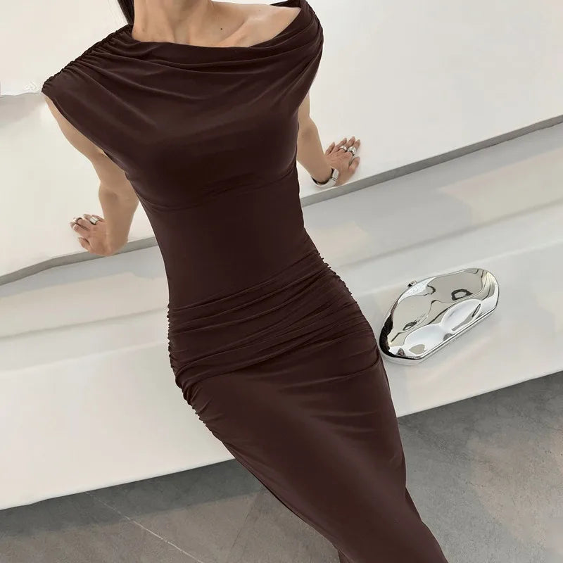 One Shoulder Fishtail Long Maxi Dresses Brown Elegant Dresses Woman 2025