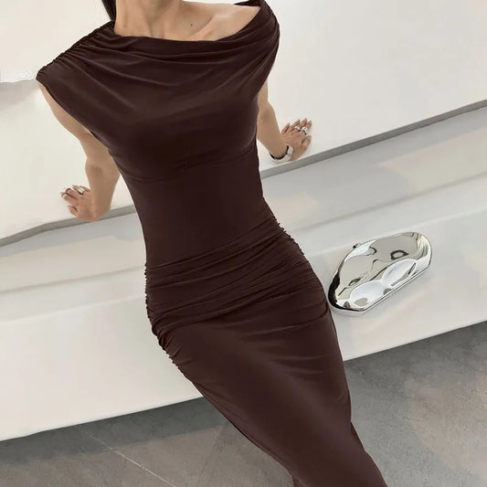 One Shoulder Fishtail Long Maxi Dresses Brown Elegant Dresses Woman