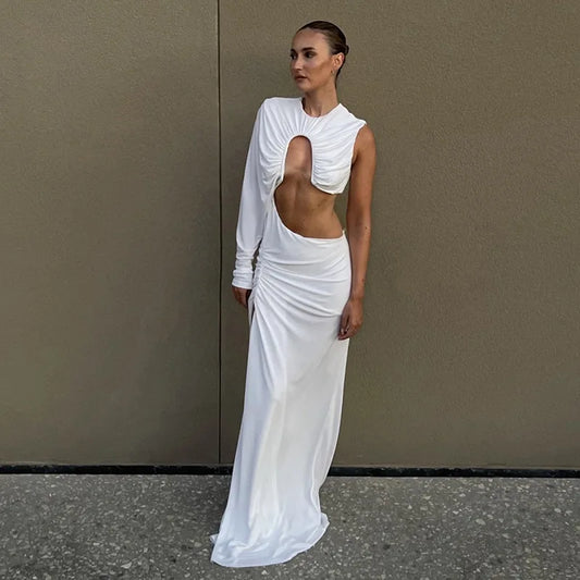 Asymmetrical Cut Out Ruched Split Long Dress White Party Dresses for Women Club Night Dinner Outfit Fall 2024