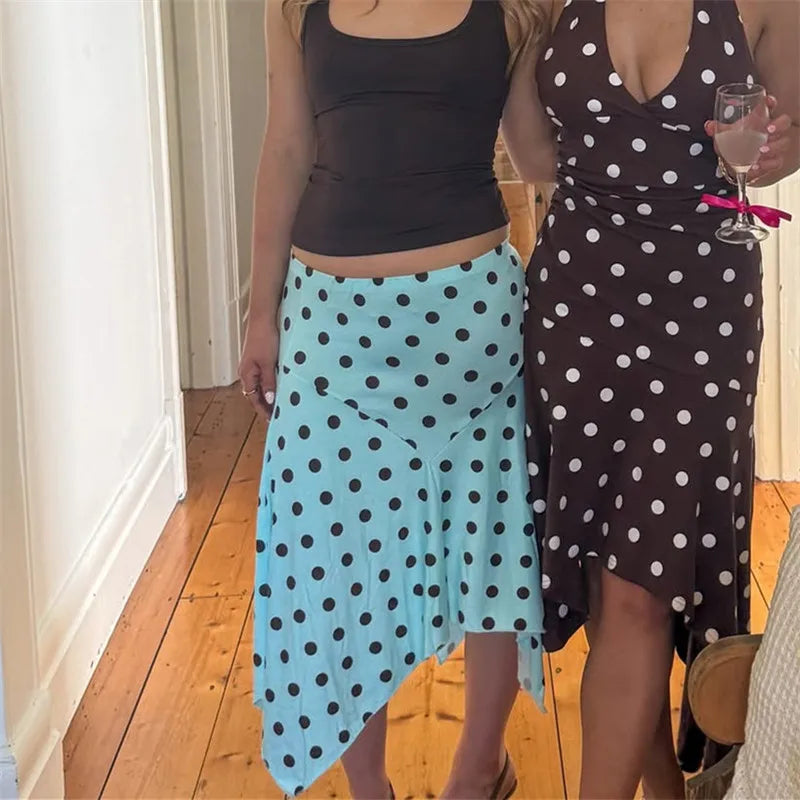 Women's Midi Skirt Stylish Dot Print/Striped A Line Casual Irregular Hem Low Rise Skirts for Summer Vacation Streetwear
