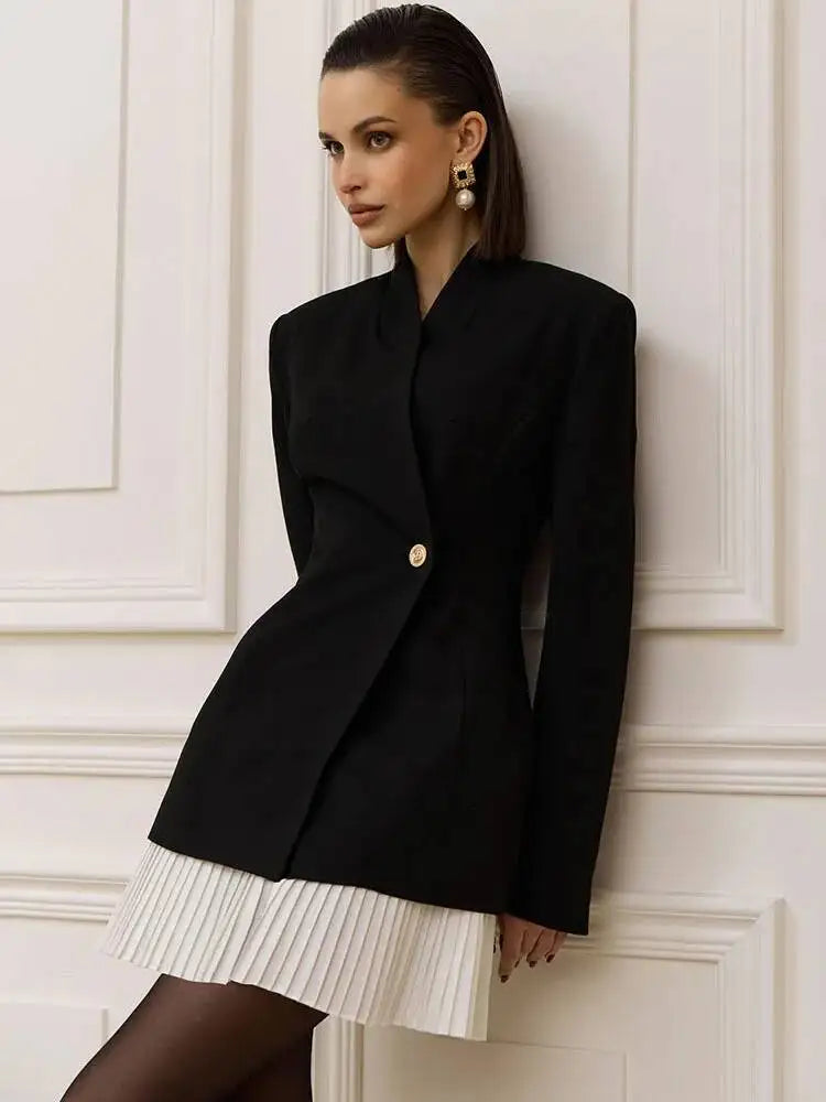 Patchwork Long Sleeve Sexy Blazer Dress Women Elegant V Neck Single-button High Waist Slim Blazers Dresses Female
