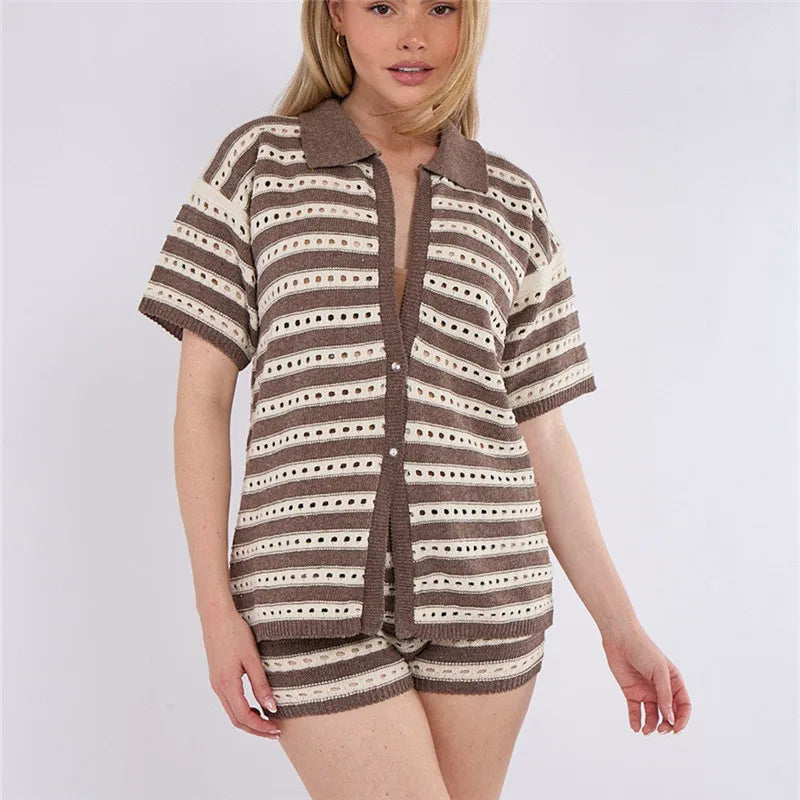 Women Striped Hollow Knit 2 Piece Set Short Sleeve Button Down Top High Waist Mini Shorts Matching Outfit Beach Cover Up