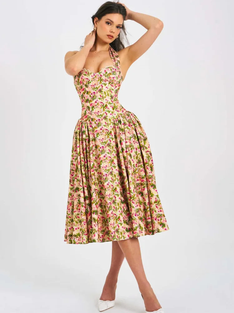Women Halter Floral Print Sexy Midi Dress Sweetheart Neck Sleeveless Backless Pleated Bodycon Club Party Longdress