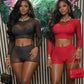 Sexy  See Through 2-Piece Set Women Full Sleeve o-Neck Crop Tops+Simple Elastic Waist Short Slim Midnight Hottie Suit