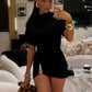 Short Sleeve Ruched Sexy Mini Dress Women Elegant Black Metal Buckle Half High Neck High Waist Bodycon Club Dress