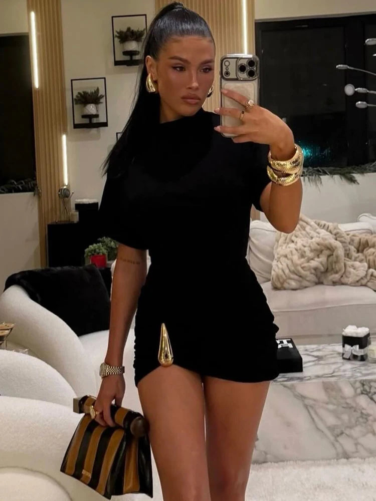 Short Sleeve Ruched Sexy Mini Dress Women Elegant Black Metal Buckle Half High Neck High Waist Bodycon Club Dress
