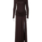 Women Long Sleeve Boat Neck Sexy Maxi Dress Draped Ruched Waist High Split Bodycon Formal Evening Party Long Dress