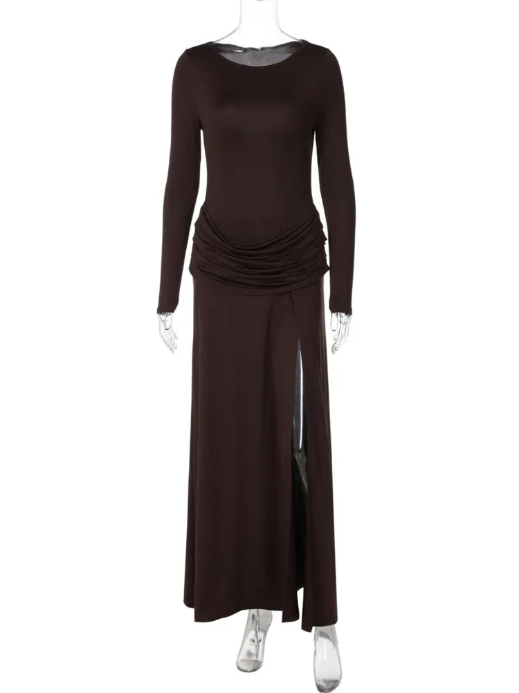 Women Long Sleeve Boat Neck Sexy Maxi Dress Draped Ruched Waist High Split Bodycon Formal Evening Party Long Dress
