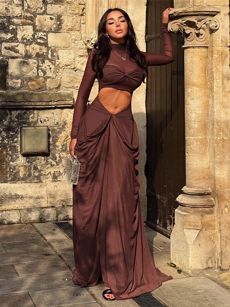 Wrap Knot Dress Women Sexy Patchwork Mesh Chic Hollow Full Sleeve Split Fall Hipster Elegant Birthday Party Vestidos