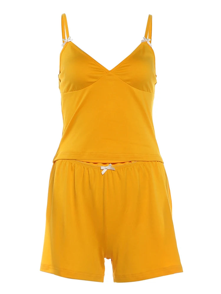 Sporty Streetwear Women Trend Simple 2-Piece Set Trend Fashion Bow Appliques Low Chest Camisole+Shorts Hottie Suits