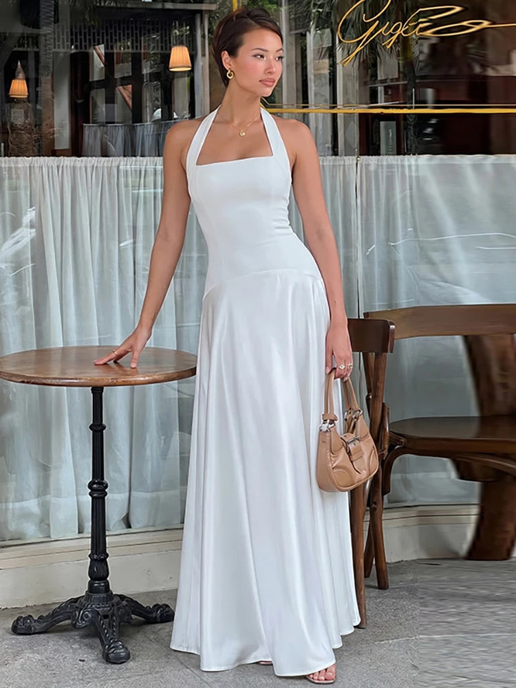 White Halter Backless Sexy Maxi Dress Women Elegant Square Collar Sleeveless Bodycon Club Party Long Dresses Female