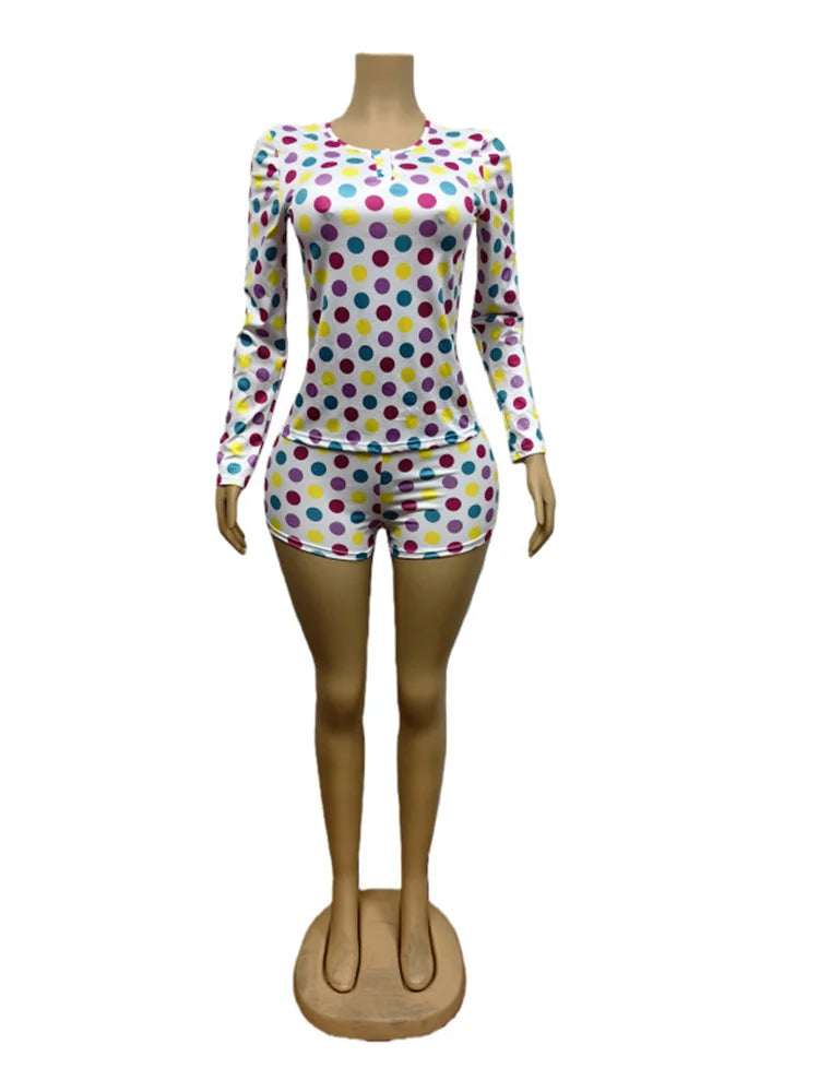 Colorful Polka Dot Print 2-Piece Set Women o-Neck Button Full Sleeve t-Shirt Fashion Suit +Elastic Waist Simple Short