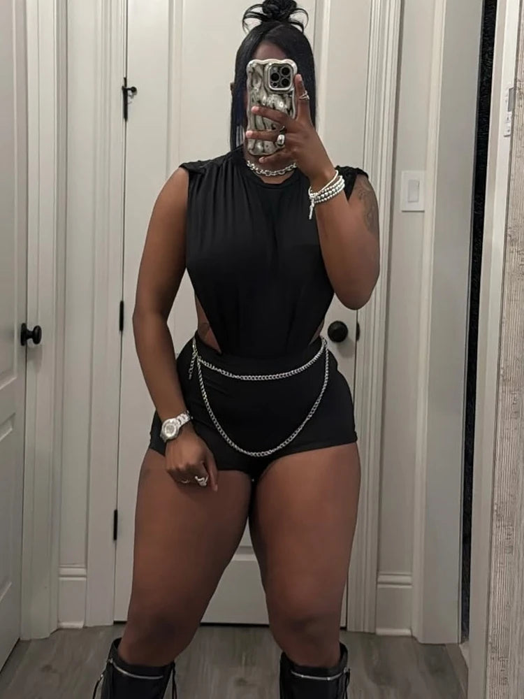 Street Side Split Romper Women Coquette Sleeveless Hipster Sexy Ruched Shoulder Solid Stretch Midnight Clubwear Playsuit