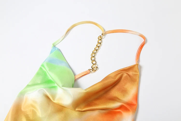 Colorful Fashion Maxi Dress Women Swing Collar Metal Chain Backless Vacation Trend Beach Party Style Elegant Vestidos